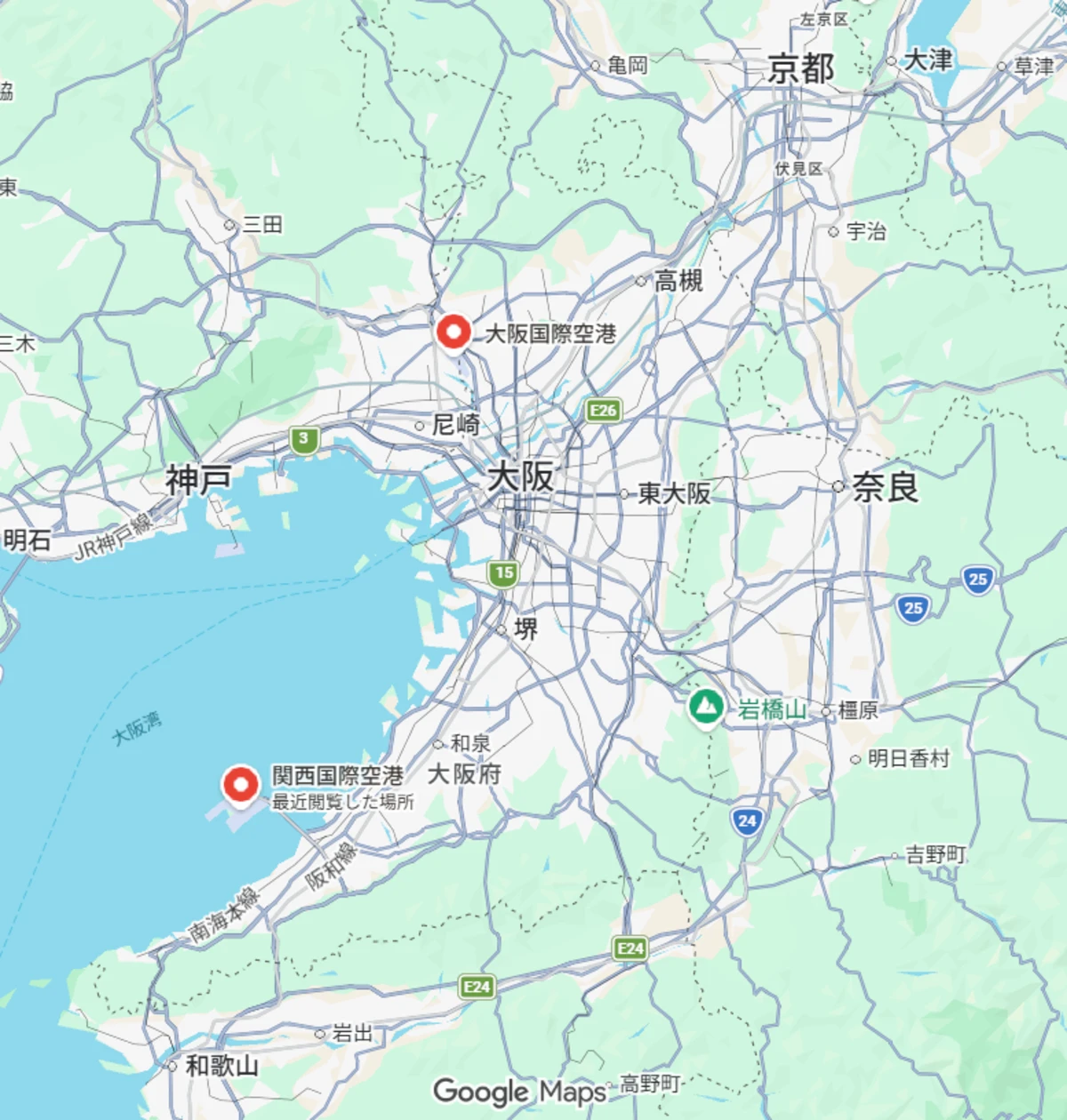 伊丹空港と関西空港の地図